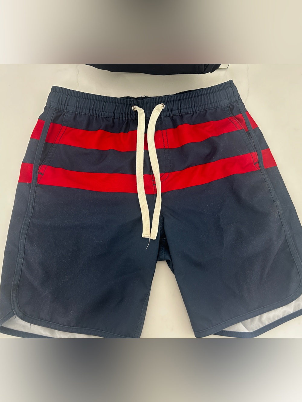 Fair Harbor Navy Swim Shorts with Red Stripe Accents